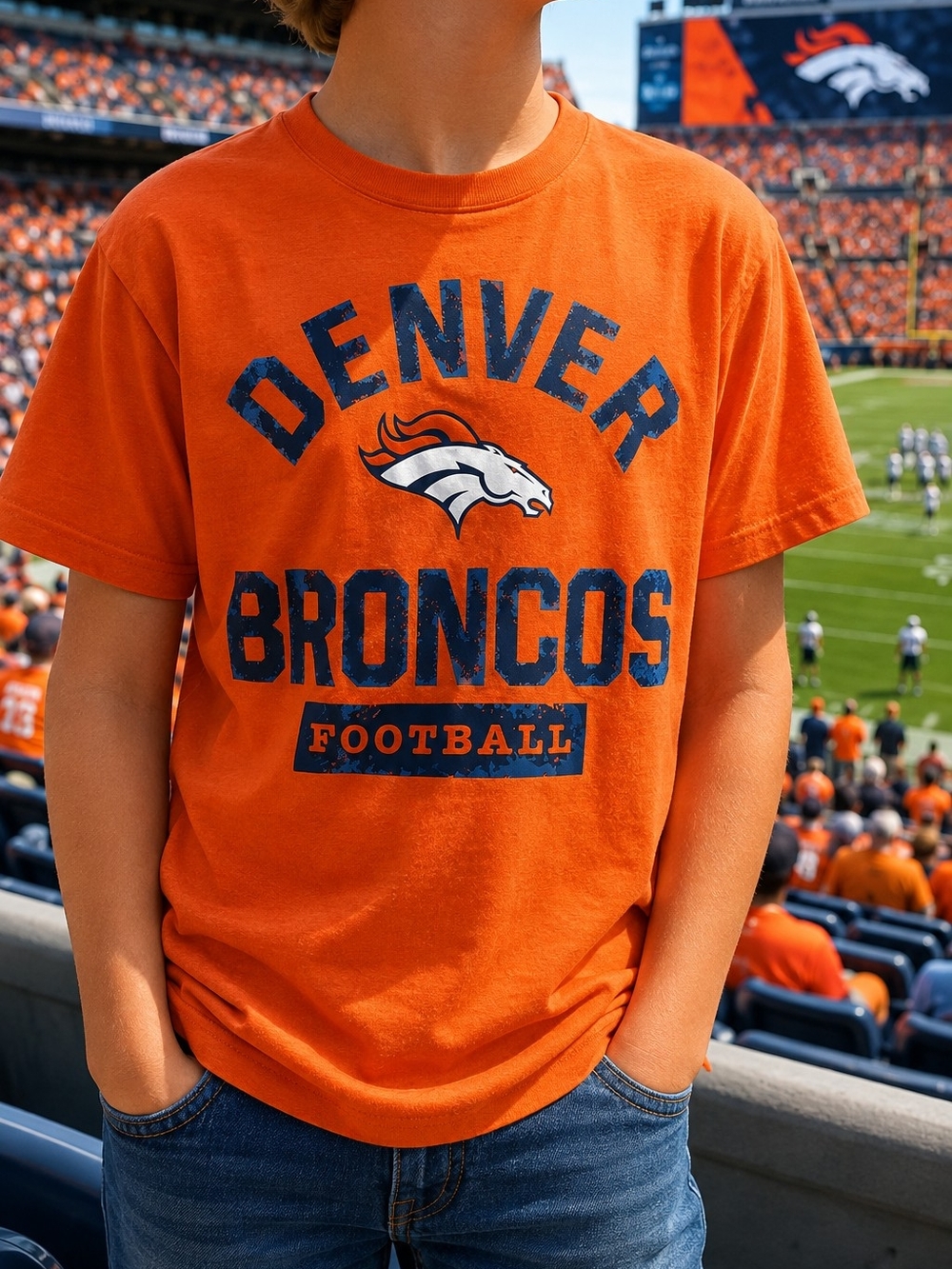Denver Broncos NFL Youth XXL 18 Orange Football Graphic T-Shirt

Descript